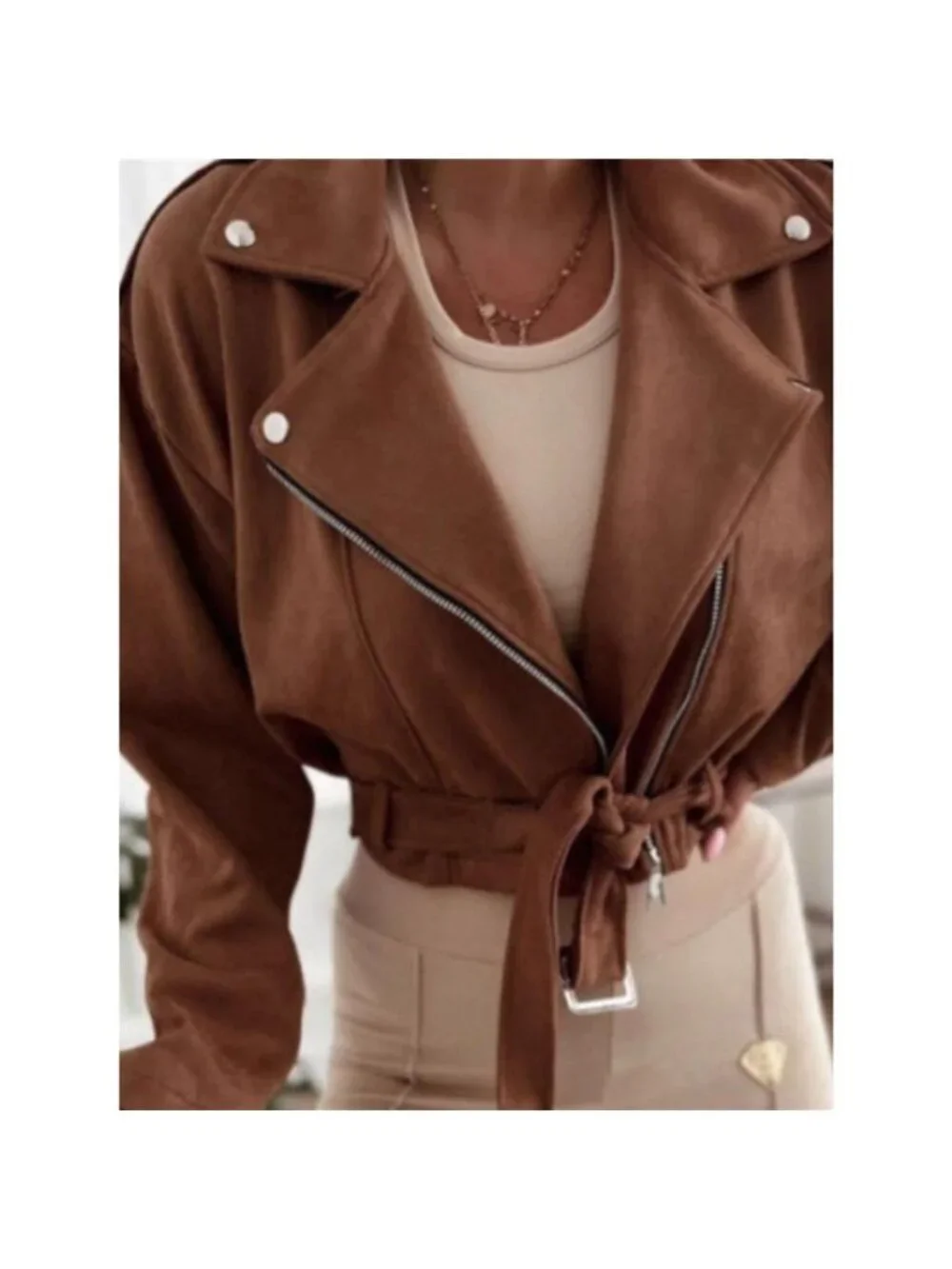 Cropped Biker Jacket with Belt Detail
